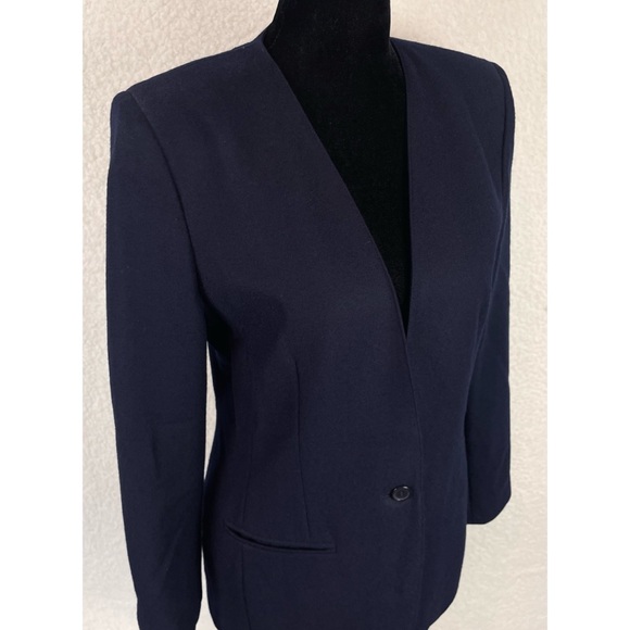 (VTG) JASON PRESCOTT • Petites Navy Blue Structured Pure Wool Blazer Jacket - Picture 8 of 13